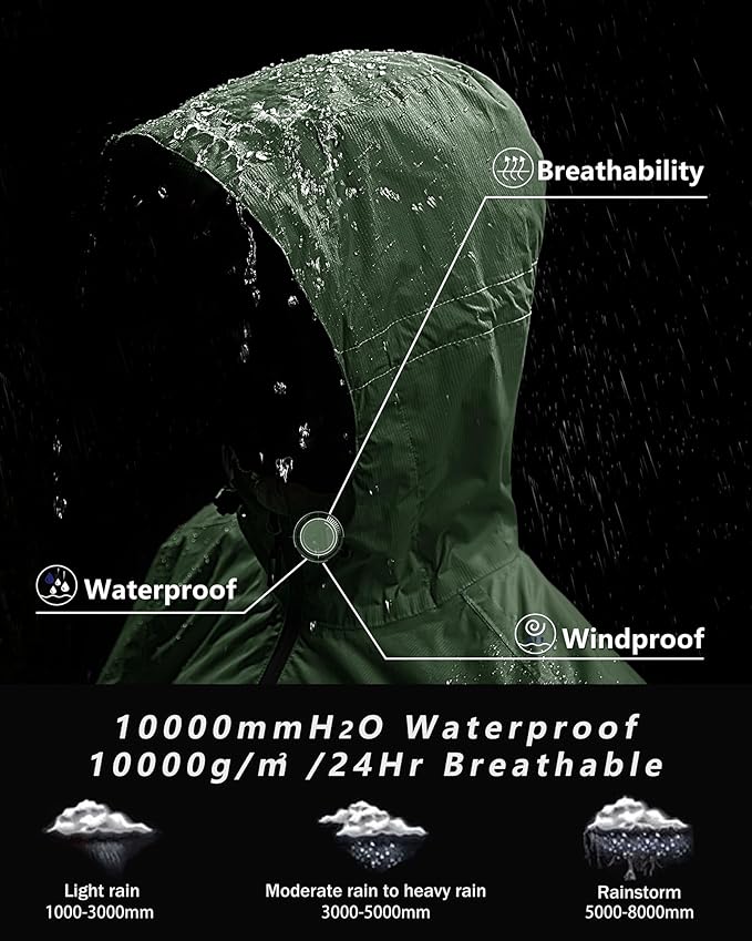 Outdoor Ventures Men's Packable Rain Jacket Waterproof Lightweight Raincoat with Hood Windproof Cycling Jackets