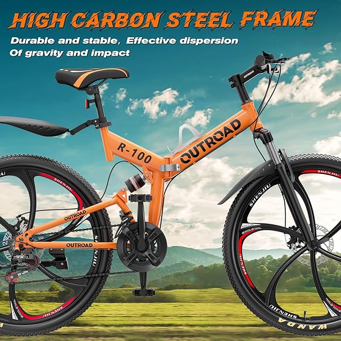 26" Foldable MTB – 21-Speed Full Suspension, High-Carbon Steel Frame, Dual Disc Brakes & Quick-Release Tires – Adults & Teens (Multiple Colors)