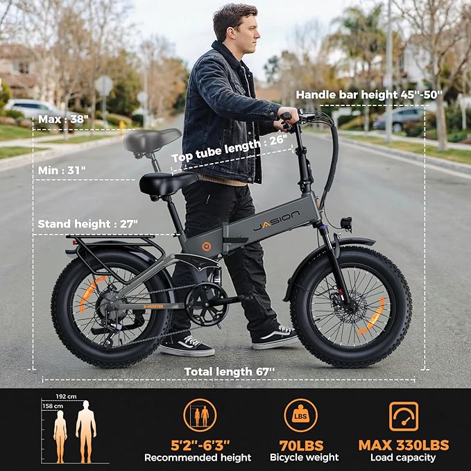 Jasion X Hunter/PRO Electric Bike for Adults,1800W/1400W Peak 20''Fat Tire Foldable Ebike,Folding E Bike Up to 80/70 Miles Range,720/624WH Removable Battery,30 MPH E Bike,Certified by UL2849
