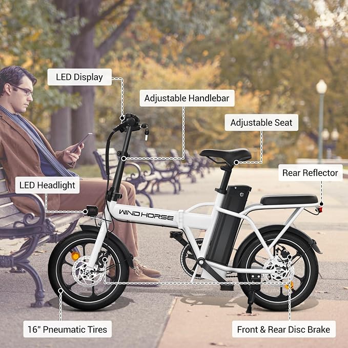 RIDWIND 16" Folding Electric Bike Adults, Peak 630W Adult Electric Bicycles, Up to 25 MPH and 35 Miles Foldable Ebikes, Electric Bike for Teens with 36V 8Ah Removable Battery, UL2849 Certificate