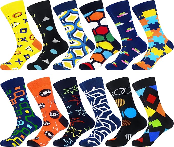 WeciBor Men's Dress Funny Crazy Colorful Novelty Combed Cotton Crew Socks 12 Pack - Size 7-10/10-13/13-15