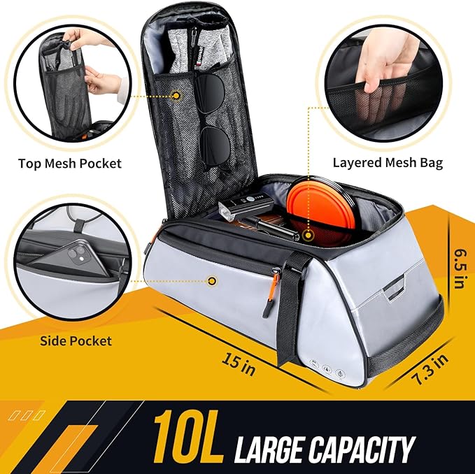 WOTOW Bike Rear Rack Bag - 10L Large Full Reflective Waterproof Trunk Bag, Multifunctional Bicycle Ebike Back Seat Cargo Carrier with Shoulder Strap(Full Reflective)