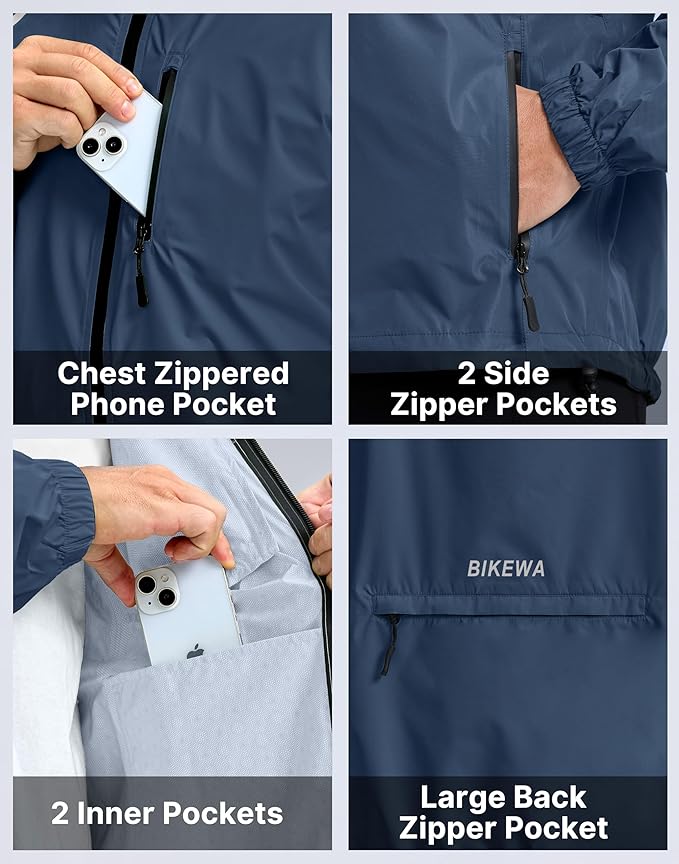 Bikewa Men's Cycling Rain Jackets Waterproof Running Bike Windbreaker Lightweight Packable Hooded Jacket