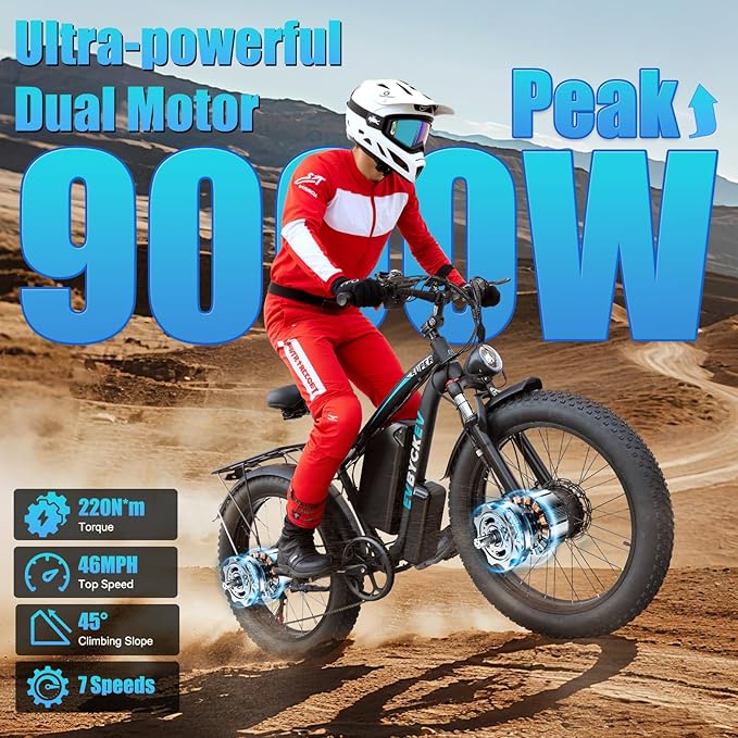 9000W Peak 60V 1768Wh Battery High-Power Dual Motor Ebike, 47 MPH 100 Miles Long Range, Fat Tire Electric Bike for Adults Men with Hydraulic Disc Brake Electric Bicycles for Snow Commuter Off-Road