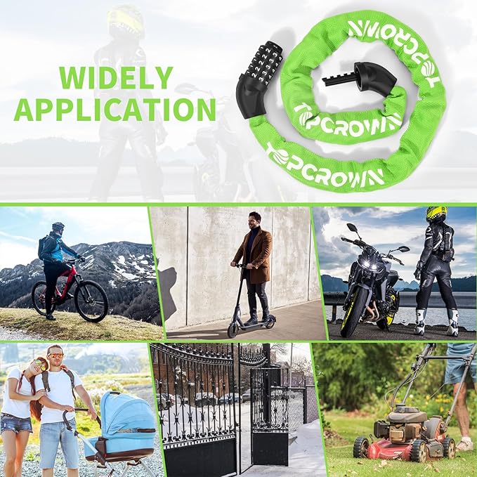 Bike Chain Lock 3.2Ft Long High Security Heavy Duty Anti Theft, 5 Digit Combination Resettable Keyless Bicycle Lock for Bike/Electric Scooter/Ebike/Motorcycle(Neon Green)