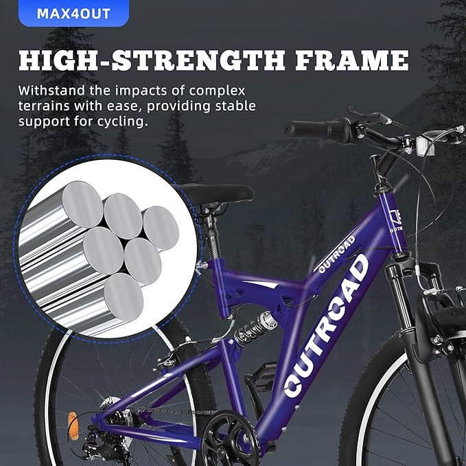 26 inch Mountain Bike Dual Full Suspension, Outdoor Hybrid Bikes,7-Speed/High-Carbon Steel, for Men Women Adult, MTB Bicycle with Suspension Fork,Sleek Colors