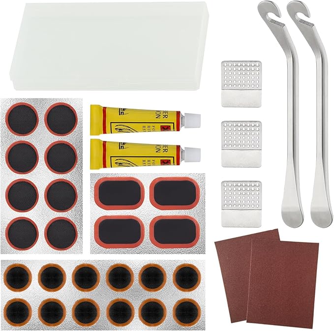 Bike Inner Tire Patch Repair Kit, with 24 PCS Vulcanizing Patches,Portable Storage Box, Metal Rasp and 2 Premium Stainless Steel Levers - Also for Road Mountain Bicycle Trave