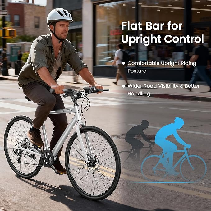 MOPHOTO Hybrid Bike for Adults, 700C City Commuter Bicycle, Lightweight Aluminum Frame, 8-Speed Urban Fitness Bike for Men&Women, Dual Disc Brakes, Upright Flat Handlebar, LED Headlight & Reflectors