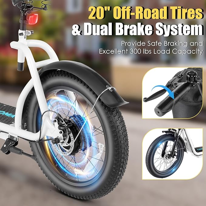 Caroma Electric Scooter with Seat for Adults, 800W Peak Motor, 20MPH & 30Miles Long Range, 20" Fat Tire Commuter E-Scooter with Basket for Grocery, Pets, and Daily Commute