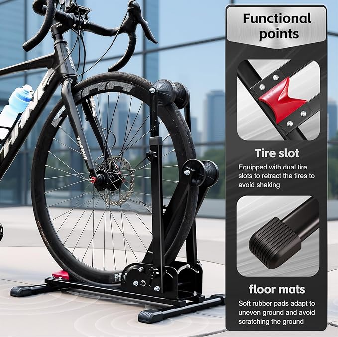 Teraysun 2-in-1 Vertical Bike Stand - Foldable Adjustable Bicycle Rack for Garage & Indoor, Space-Saving Upright Parking, Fits 20"-29" Mountain & Road Bikes, Scratch-Proof Tire Trays Included, Heavy-Duty Bicycle Floor Stand