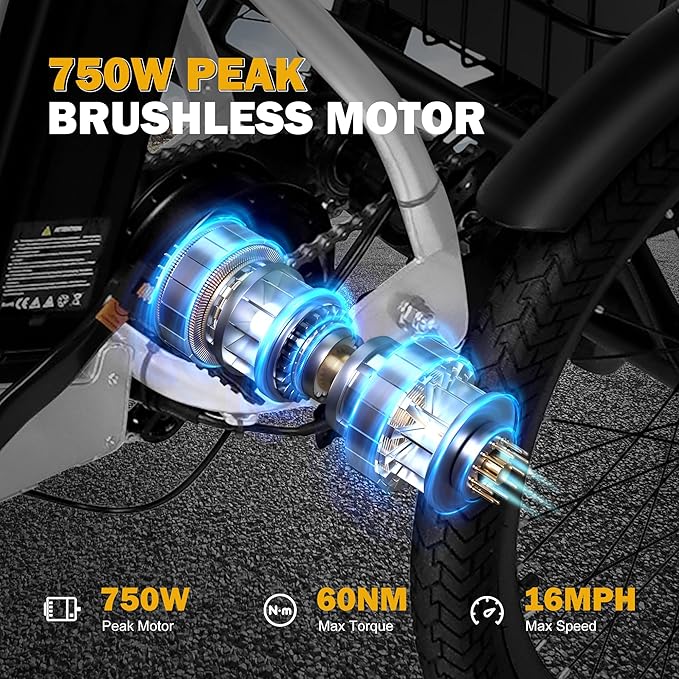 Qlife Triker Electric Bike, Peak 750W Brushless Motor Folding Trike Ebike, 468Wh Removable Battery, Step-Thru 3 Wheel Electric Bicycle, Up to 50 Miles, 20 Tire Tricycle for Adults