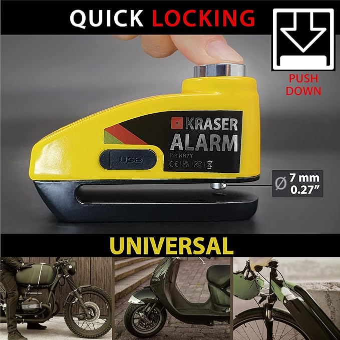 KRASER KR7Y Alarm Disc Lock USB Rechargeable Battery, 110dB Motion Sensor, Waterproof +Visible, 7mm Pin, Carry Pouch, Universal Anti Theft Wheel Brake Lock for Motorcycle Scooter Bicycle Electric Bike