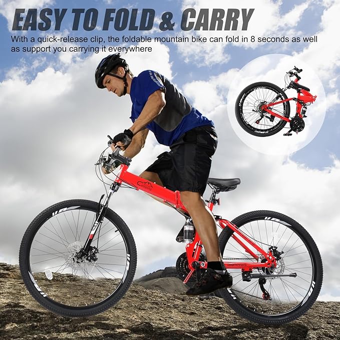 24/26/27.5 Inch Foldable Bikes for Adults 21 Speed Mountain Bike, Adult Bicycle with High Carbon Steel Frame, Full Suspension, Dual Disc Brake & Adjustable Ergonomic Seat(Black/Red)