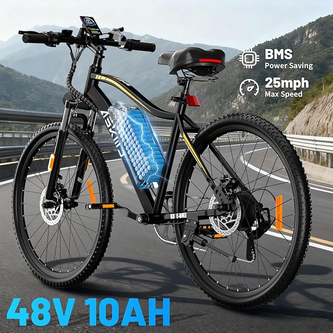 Electric Mountain Bike for Adults 750W Peak Motor, 26 Inch E-Bike with 48V 480Wh Removable Battery, Commuter Electric Bicycle with 25MPH and 40-50 Miles PAS Range, 7-Speed, Front Fork Suspension