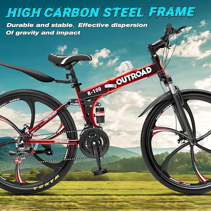Betterland 26 Inch Adult Folding Mountain Bike, 21 Speeds Full Suspension Foldable Bikes, Dual Disc Brake, High Carbon Steel Frame Bicycle for Men Women