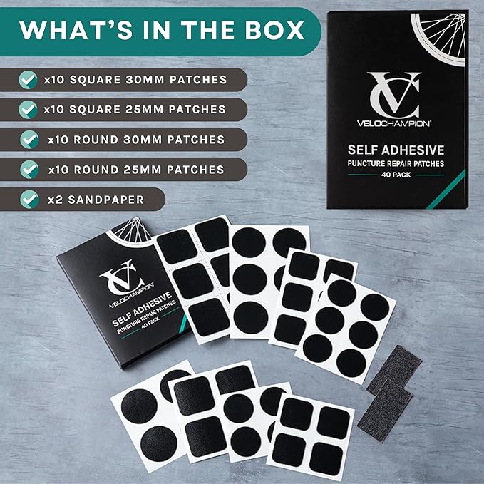 VeloChampion Puncture Repair Kit | Self-Adhesive Bike Tyre Patches for Road, MTB, BMX, Ebike| Travel Size Bicycle Puncture Repair Kit | 6, 10 or 40 Pack + Optional Tyre Levers