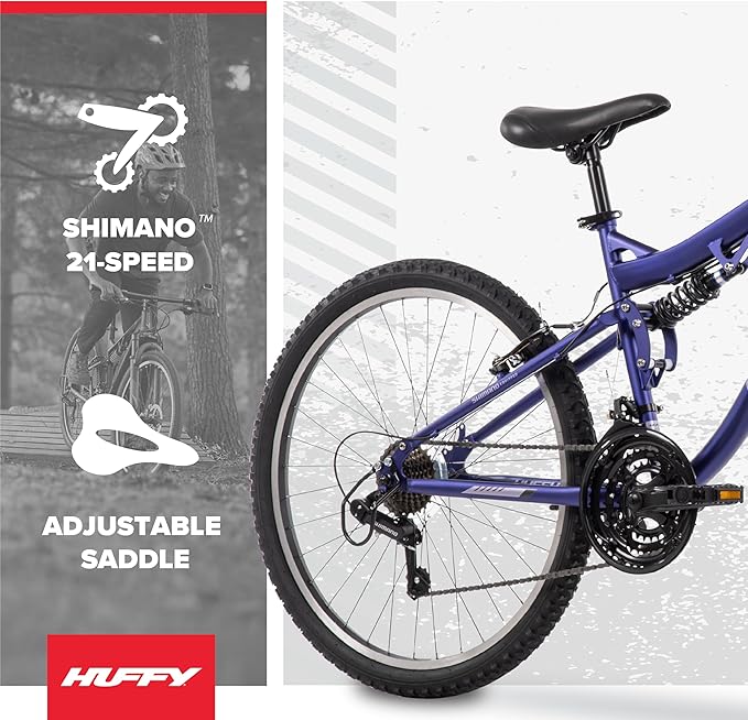 Huffy Stone Mountain Bike for Men and Women, 20”/24”/26”, 6-Speed (20”) or 21-Speed, Front or Dual Suspension (Varies), Multiple Colors, Adjustable Saddle, Shimano Equipped, All-Terrain Tires