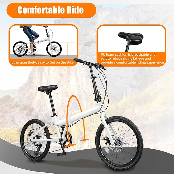 Folding Bike, Foldable Bicycle with 7 Speed Gears 20-inch Wheels Easy Folding City Bicycle with Dual Disc Brakes for Adult, Teenager, Traveling, Exercising, Commuting