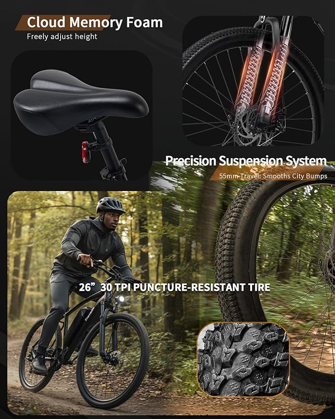 Electric Bike for Adults, 50/74 Miles 20 MPH Mountain EBike, Cadence/Torque Sensor with 500W Peak E Bike, 10.4/15.6Ah Removable Battery, 26“ Puncture-resistant Tires bike with Shimano 6-Speed