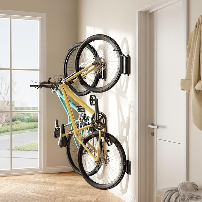 Swivel Bike Wall Mount, Heavy Duty Vertical Bike Rack with Fixed Hooks for Garage Storage, Wall Mounted Bicycle Hangers Holds up to 77 lbs for Indoor, 2 Pack