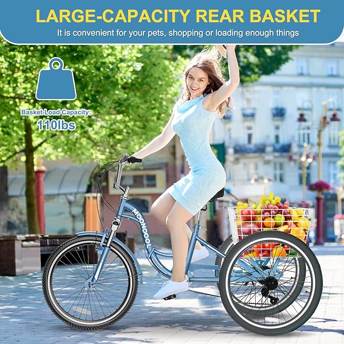 NAIZEA Folding Adult Tricycle - 7 Speed 20/24/26 Inch Folding Tricycle for Adult, 3 Wheel Bike, Foldable Trike with Large Basket/Low-Step Through for Men Women Senior