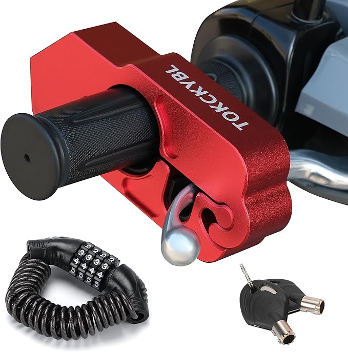 Motorcycle Lock, Heavy Duty Anti Theft Helmet, Brake and Handlebar Lock, Universal for Motorcycles, ATVs, Dirt Bikes, Mopeds，Scooters, Red