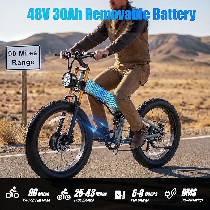2026 Upgraded Dual Motors AWD Electric Bike for Adults 5000w/3000W/1500W Motor Dirt Ebike 40MPH/30MPH 52V/48V 30Ah/20Ah Battery Up to 90 Miles Long Range 26" Fat Tire Bicycle for Commute Mountains