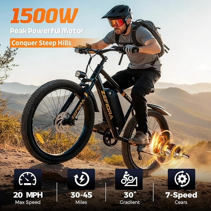 Electric Bike for Adults, 1500W Peak Mountain Ebike, 20 MPH, 7 Speeds, 48V Removable Battery, 26" Ebike for Commute