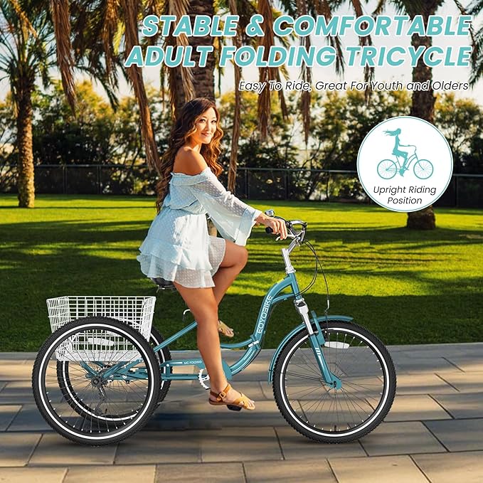 LILYPELLE Adult Folding Tricycles, 7 Speed Folding Adult Trikes, 20/24/26 inch 3 Wheels Bikes with Low Step-Through, Large Basket, Foldable Tricycle for Adults, Women, Men, Seniors