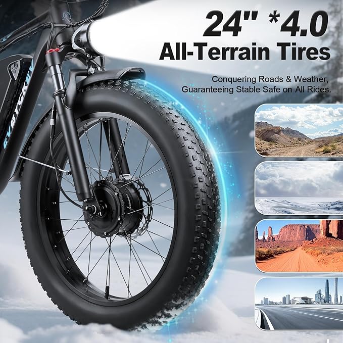 8000W Peak EBike for Adults, 34Ah 58V Max-Output 1856Wh Dual Motor Electric Bike, 47MPH Fast Ebike,Up to 105Miles 24" x4.0 Fat Tire E Bike,Full-Suspension Mountain E-Bike for Sand Snow Beach