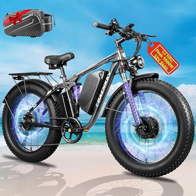 9000W Peak Dual Motor Electric Bike for Adults 46MPH,100Miles Long Range Ebike,7 Speeds,52V 34Ah Removable Battery,Full Suspension 24" Fat Tire E Bike for Mountain Off-Road Commuter Snow