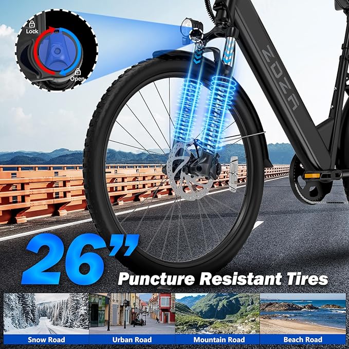 Electric Bike for Adults, 1000W Peak Motor, 60 Miles 22Mph Electric Bike, 26" Commuter E Bikes with 48V 10.4Ah Removable Battery, Step-Thru Ebike, Adjustable Stem, 7-Speed & Front Suspension