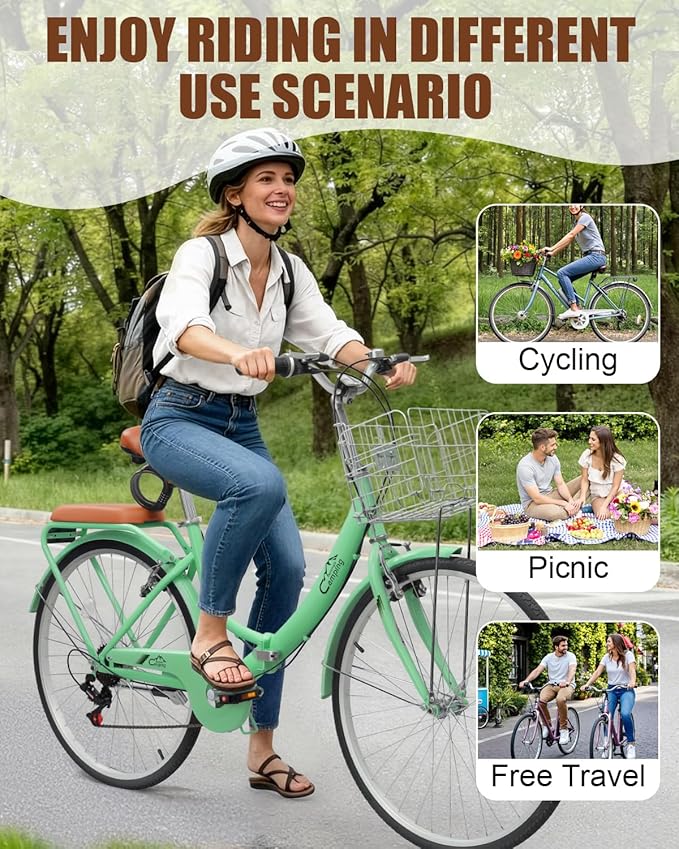 24/26 Inch Foldable Bike Folding Bicycle, 7 Speed Beach Cruiser Bike with Lock, Comfort Back Seat, Foldable Basket & Ergonomic Upright Frame, Cruiser Bicycle for Adults