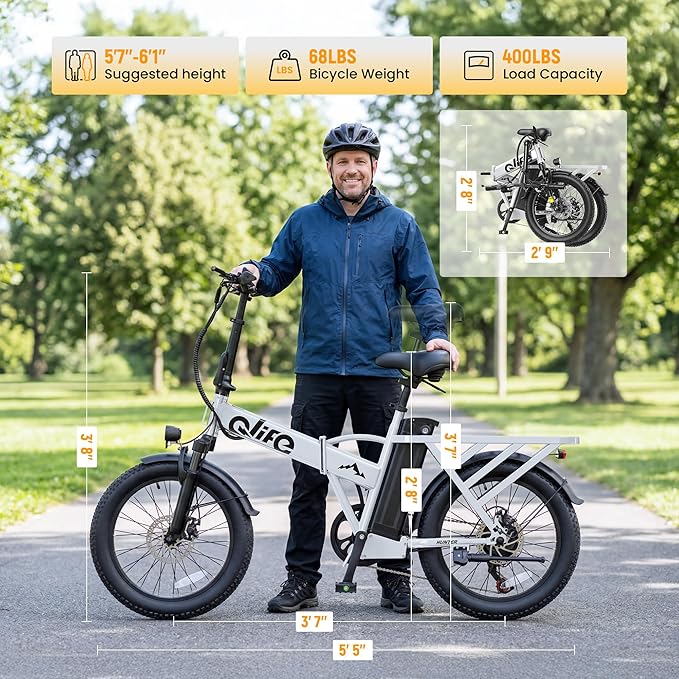 Qlife Hunter Foldable Electric Bike for Adults, Peak 1200W Ebike with 48V 13.5Ah Battery, 65-Mile Range, Heavy-Duty Rear Rack, 20-Inch Fat Tires, Folding E Bike for Commuting & Outdoor Use