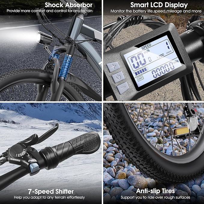 Electric Bike for Adults, 1000W Peak Ebike, 50Miles 21.7MPH Electric Mountain Bike, 26" Adult Electric Bicycle with 48V Removable Battery, Fenders,7 Speed, Front Suspension, UL 2849 Certified