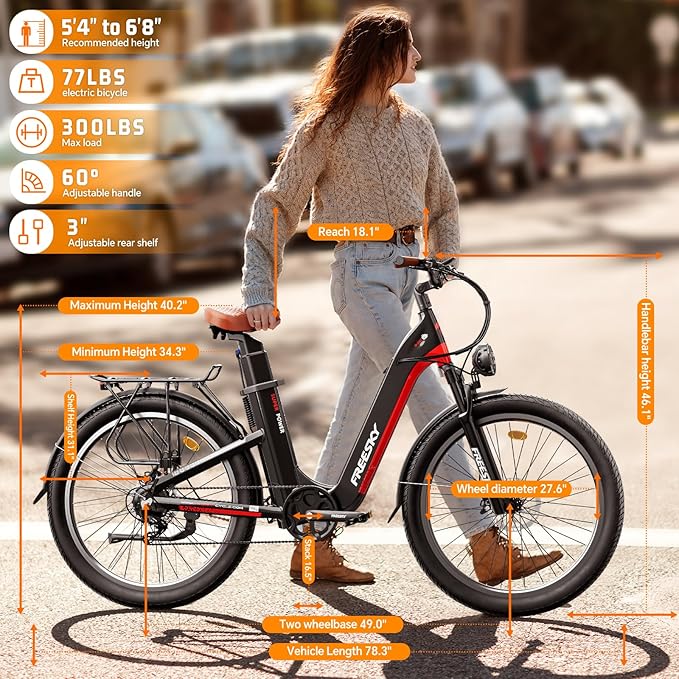 FREESKY NOVA Electric Bike, Dual Samsung Cells Battery 48V 30A, 120Miles Range, Lightweight Step-Thru ebike for Adults with BAFANG Motor 28MPH, Torque Sensor smooth speed up, Full Suspension Commuting