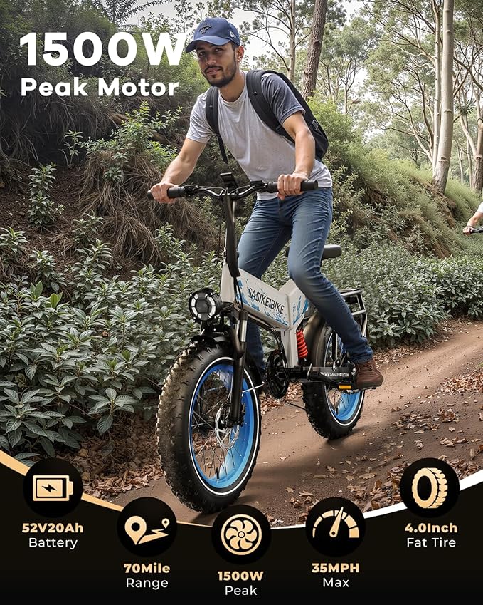 1500W Folding Electric Bike for Adults,52V 20Ah Removable Battery Ebike with 30+MPH 70 Miles Max,20" x4.0 Fat Tire E-Bike, Foldable Dual Suspension Electric Bicycle for Commute,Mountain