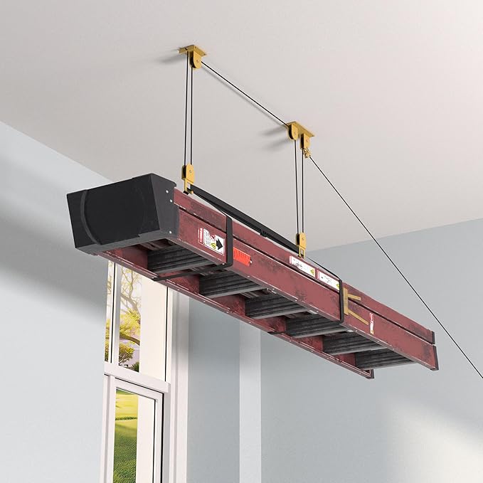 Ladder Storage Pulley Hoist, Self Locking Function Ladder Hanger, Garage Ceiling Mount Lift System for Lightweight Kayak, Ladder, Bike, Surfboard, Hold 80 lbs