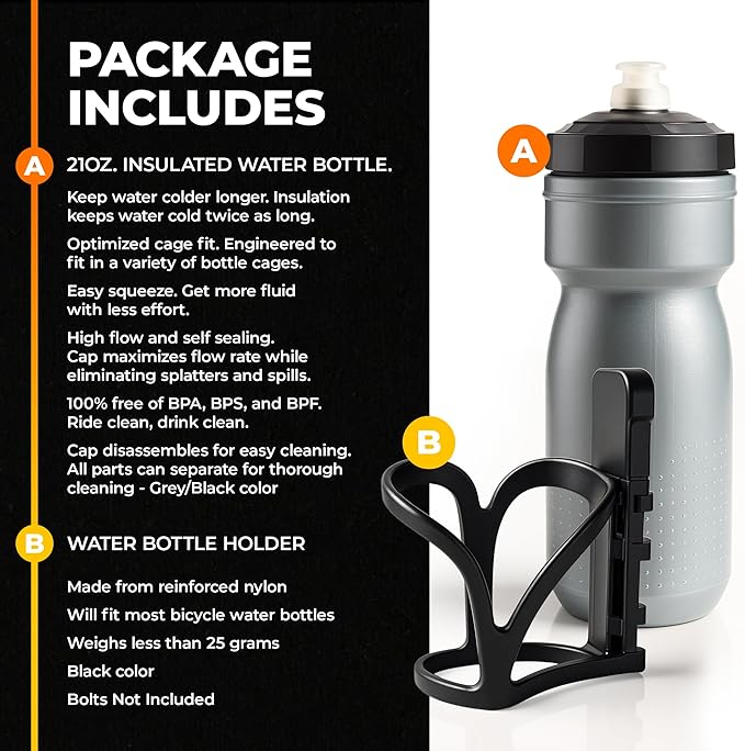 Insulated Bike Water Bottle with Bottle Holder, Screws not Included, Bicycle Accessories for Sport, Outdoor, Cycling, MTB, Road, Universal Cup Holder, Squeeze, Durable, Kids, Adults (Black) 21oz