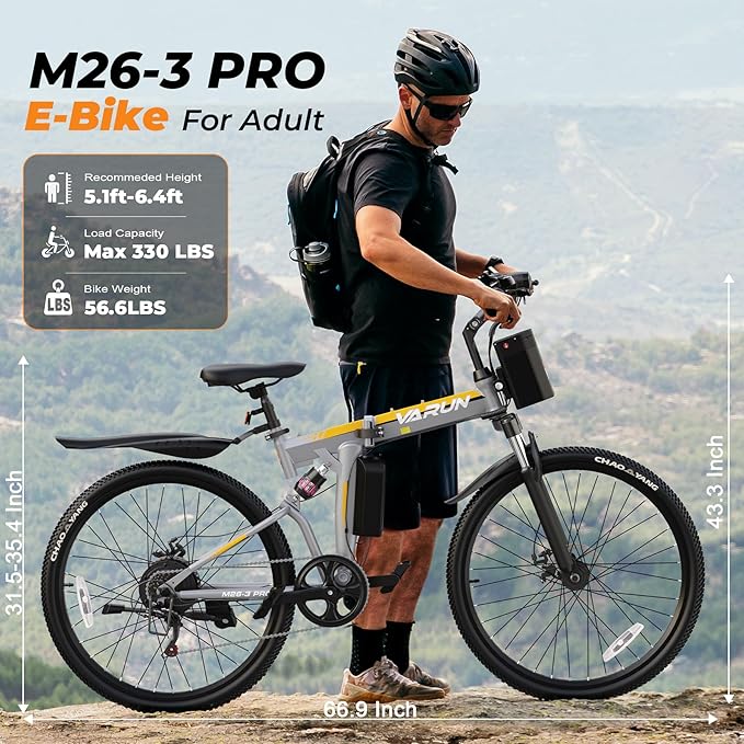 VARUN Folding Electric Bike for Adults - Peak 750W Motor 26" Ebikes, Foldable Electric Bike with 48V Longe Range Battery, Up to 20+MPH 50 Miles, 7-Speed Gears & Dual Hydraulic Suspension