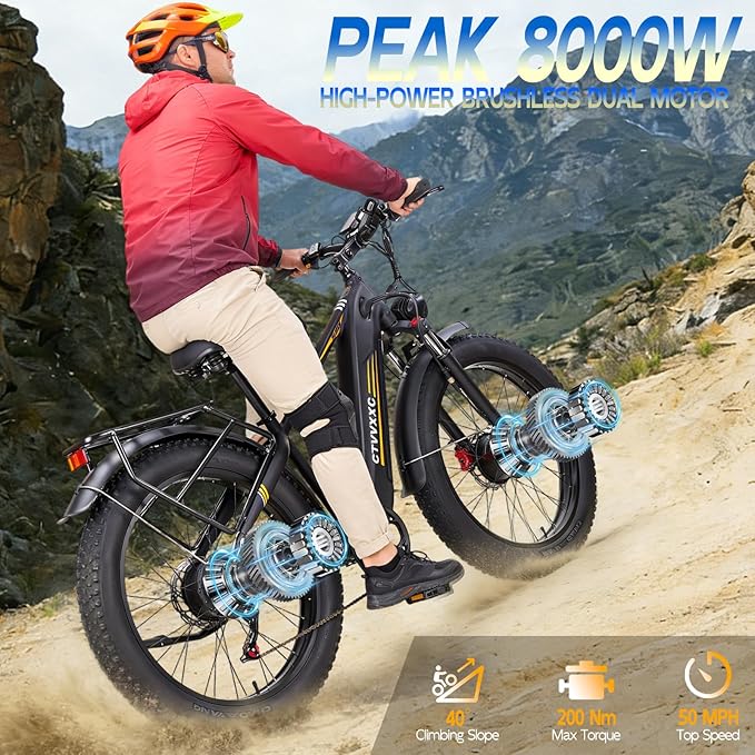Peak 8000W Dual Motor Ebike for Adults - Fast Electric Bike 50MPH,Up to 95Miles Long Range Ebikes,Adjustable Stem,Men Electric Mountain Bike ,26" Fat Tire Electric Bicycle for Off-Road Commuter