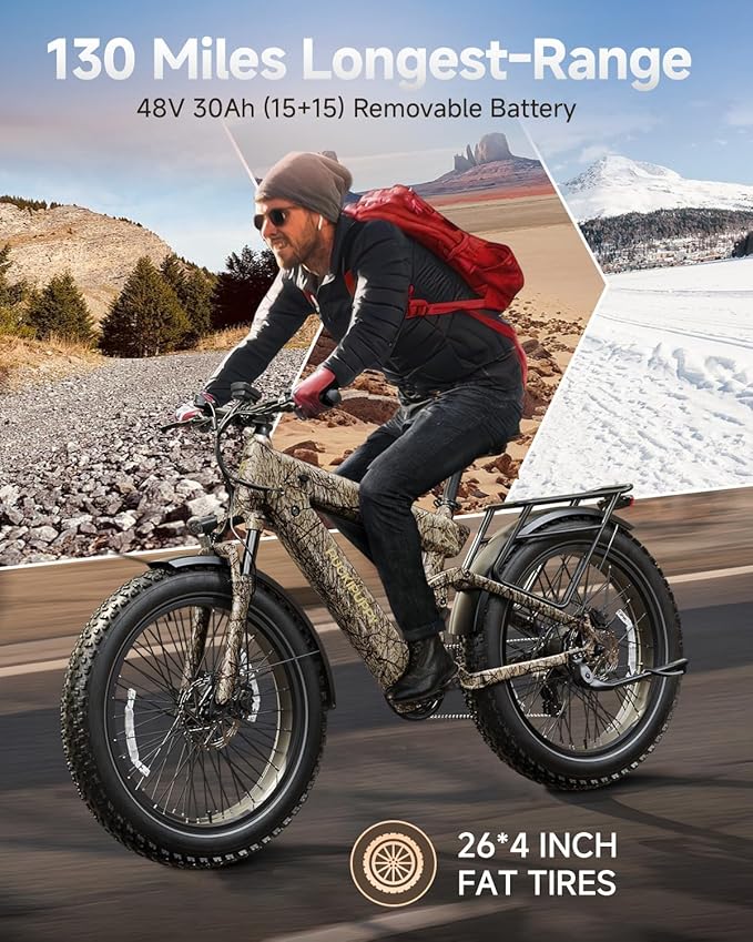 PUCKIPUPPY 1350W Electric Bike for Adults, 130 Miles Dual 48V 30Ah Long Range Ebike with Torque Sensor | 28MPH | 8-Speed | 26"x4" Fat Tires | Full Suspension | Long-Distance Travel (Bulldog Pro)