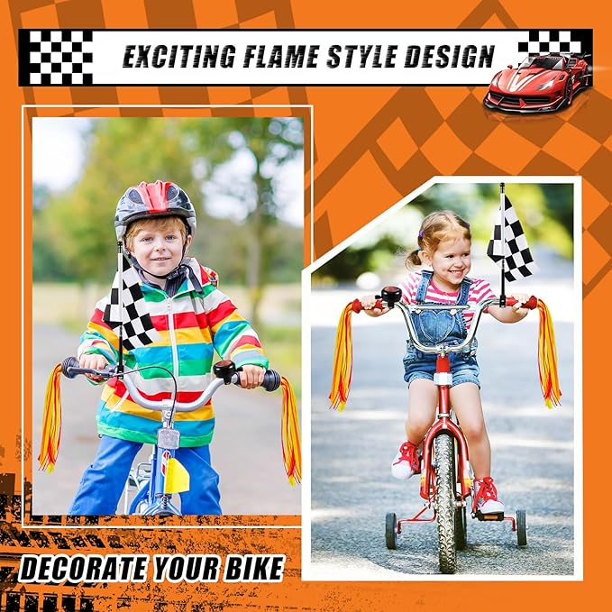 Liliful 5 Pcs Kids Bike Accessories Sets Include 2 Pcs Flame Bike Tassel Streamers Bell 2 Black and White Checkered Flags Pinwheel Toddler Kids Boys Girls Gift Decoration Kit