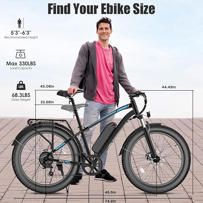 Electric Bike for Adults, 1000W Peak 25MPH 60Miles Ebike,48V 13AH Battery Electric Mountain Bike, 26" x 4'' Fat Tire Electric Bicycle with Rear Rack, Fenders, 7 Speed, UL 2849 Certified