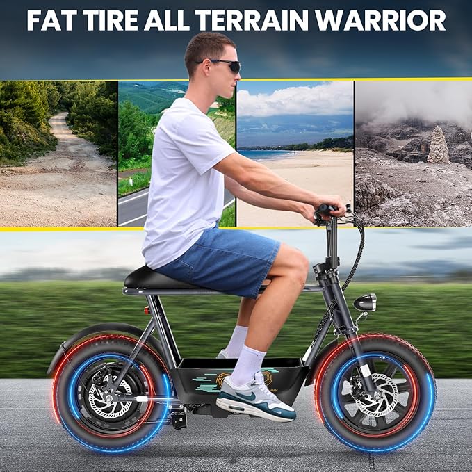 Caroma Peak 1200W/1000W/800W/500W Electric Scooter with Seat,16"/20" Fat Tire Ebike All-Terrain,Max 30Miles&20MPH Electric Scooter Adults,Electric Motorcycle Adults with Storage Basket for Cargo&Pets