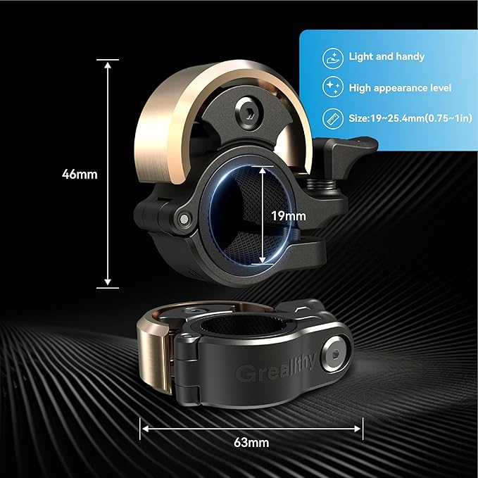 Greallthy Bike Bell, Aluminum Alloy Bicycle Bell with Clear Loud Sound, Bike Bells for Adults and Kids, Sturdy and Compact Bell Fits 0.75-1in(19-25.4mm) Handlebar for Mountain, Road Bikes.