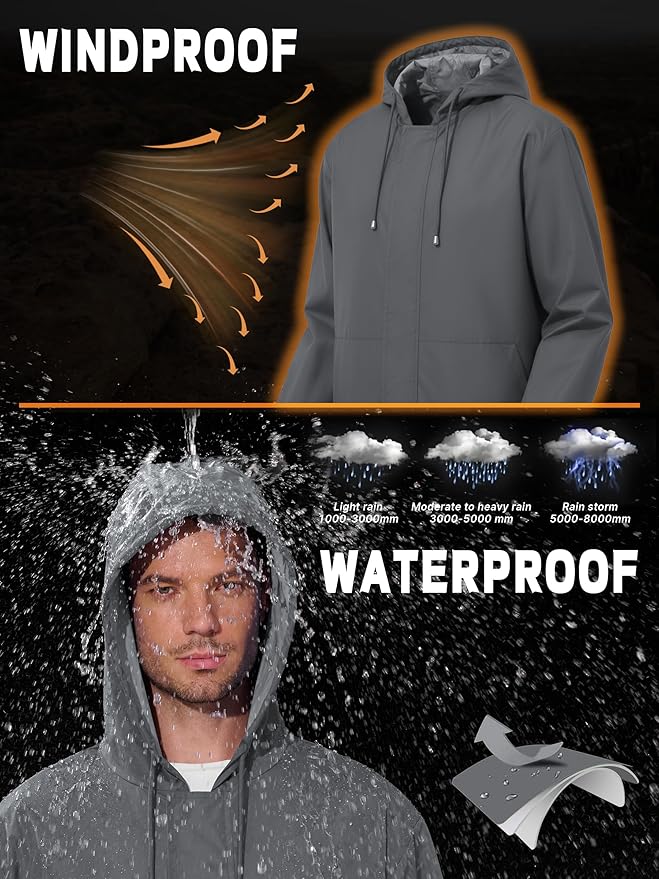 Men's Rain Jacket Waterproof Windbreaker Raincoat Cycling Running Hiking Golf Travel Gear Hood Lightweight Packable