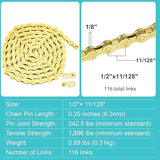 Gold 10 Speed Bike Chain, Bicycle Chain Bike Parts Chain Replacement for Road E-Bike Mountain Racing Cycling E-Bike MTB BMX (Gold 10 Speed)