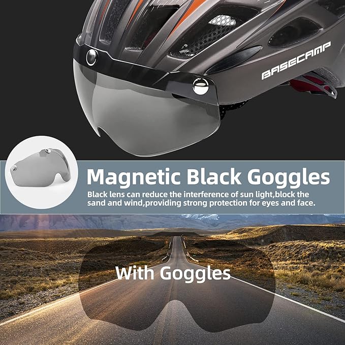Bike Helmet, Basecamp Bicycle Helmet with Rear Light & Detachable Magnetic Goggles Lightweight Cycling Helmet Adjustable for Adult Men Women Mountain & Road (BC-069)