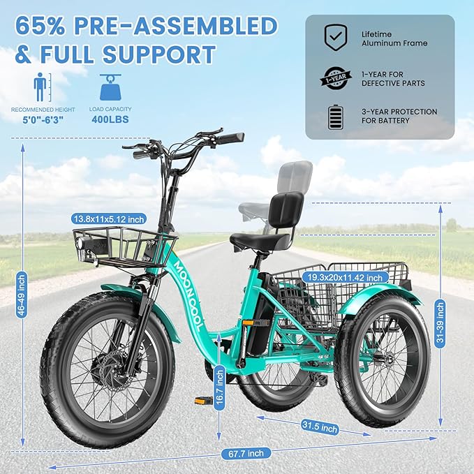 MOONCOOL 1000W 4" Fat Tire Electric Tricycle for Adults, 48V 14.5Ah All-Terrain Aluminum 20" E-Trike, Front Suspension, 7-Speed, 400lbs Max Payload
